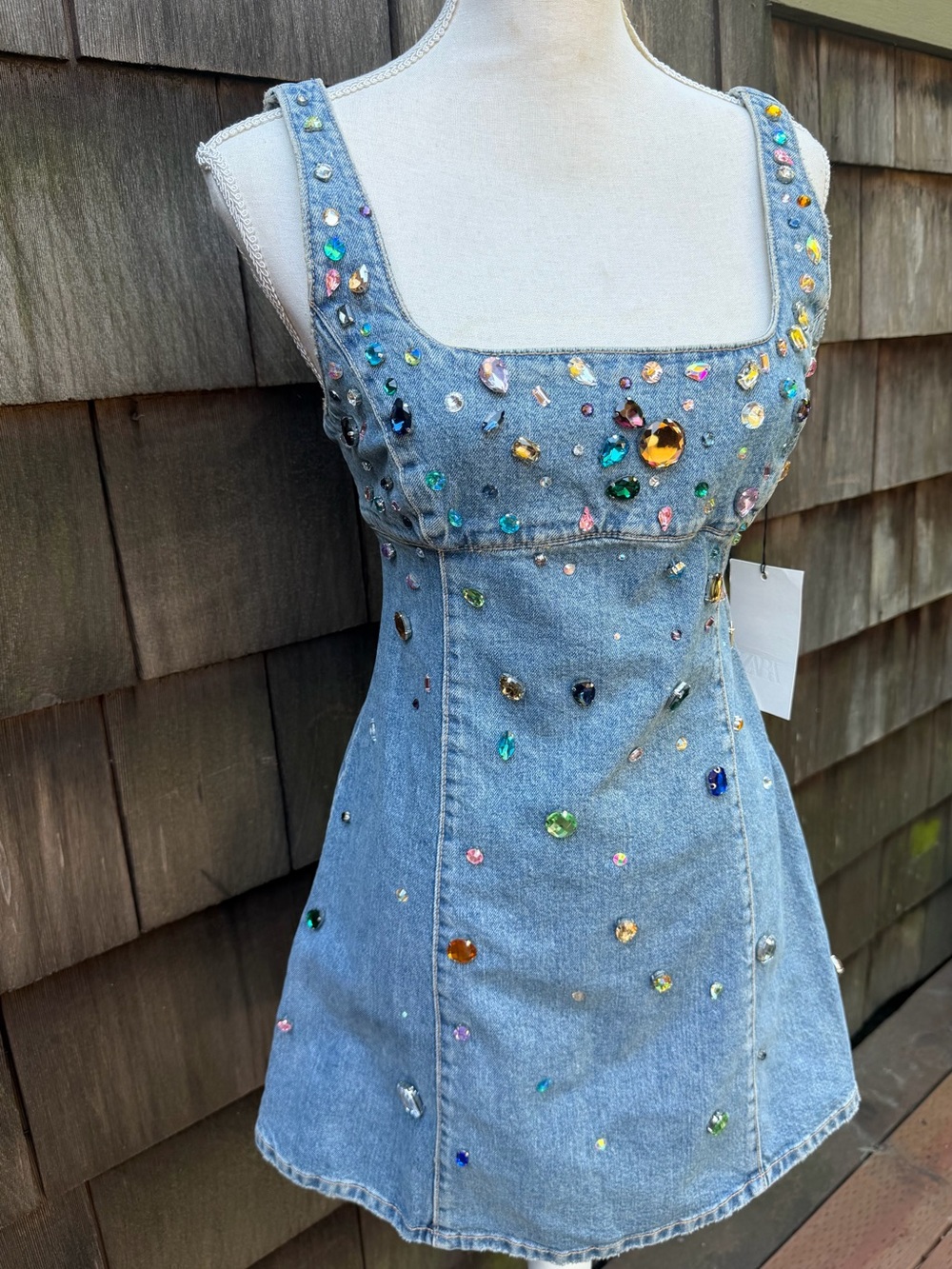 ZARA blue denim mini dress with rhinestones sleeveless Sz M NWT. - Picture 4 of 11